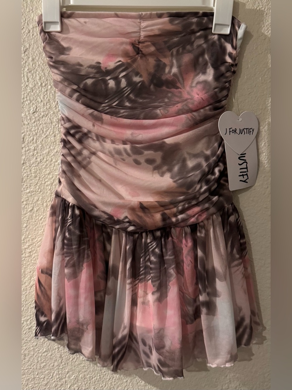NWT J for Justify Pink and Gray Watercolor Strapless Mini Dress